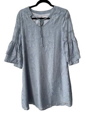 Missky Shift Dress Size Medium Floral Bell Sleeve Tie Neck Light Blue Bohemian